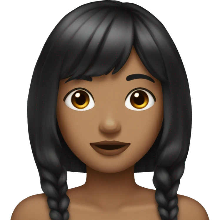 Make skin tone darker and give her long black hair and bangs emoji