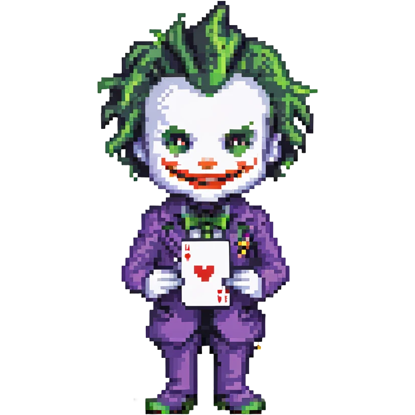 Joker holding a playing card with mischievous expression, pixel art style emoji