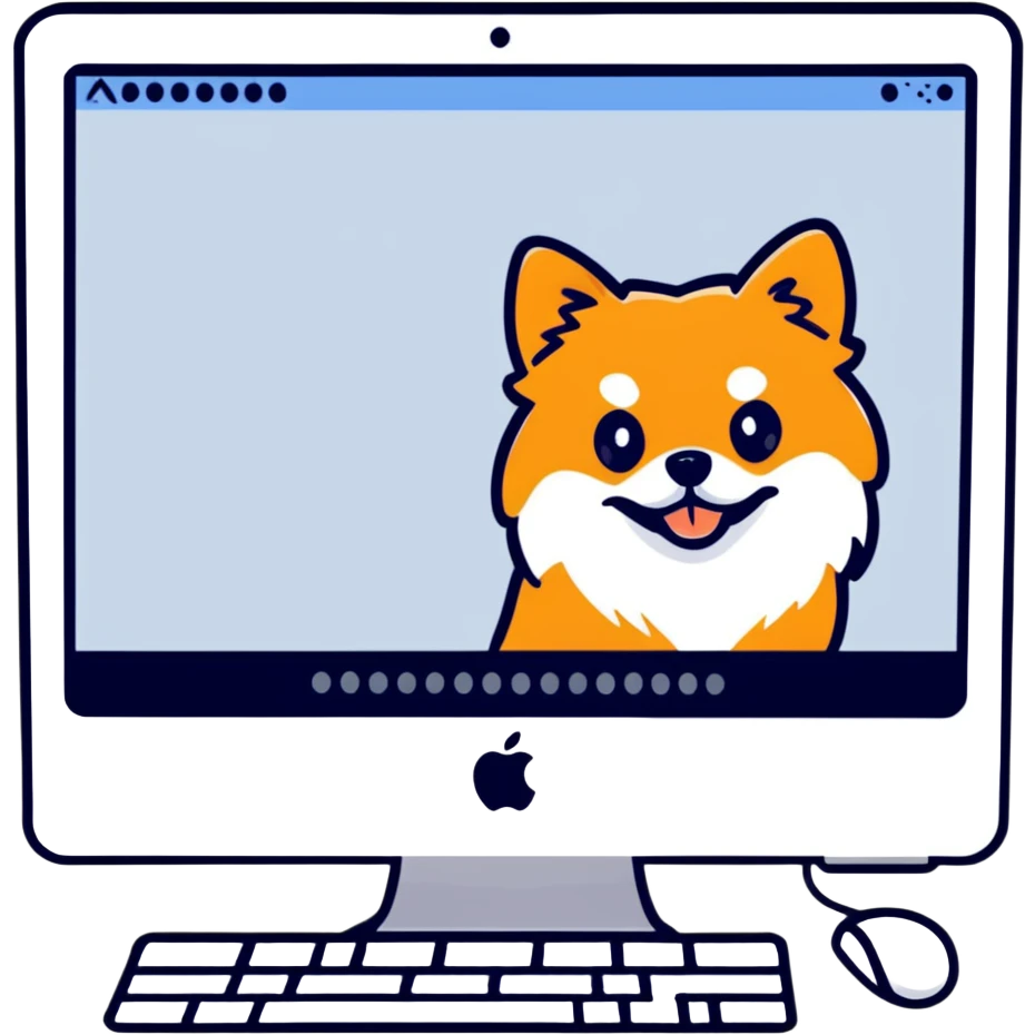 iMac monitor with a Pomeranian dog photo displayed on screen emoji