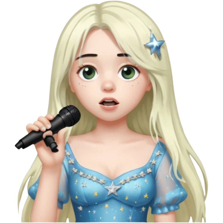 billie eilish is singing, holding mirco and twinkle dresss, white long hair emoji
