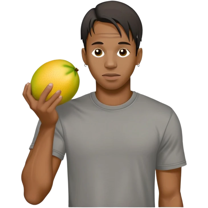 travis Scott in gray t-shirt holding a pomelo emoji