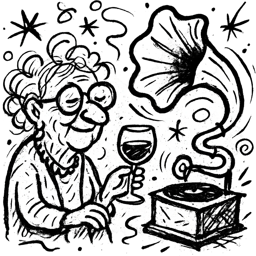old lady with wineglass listening to gramophone emoji