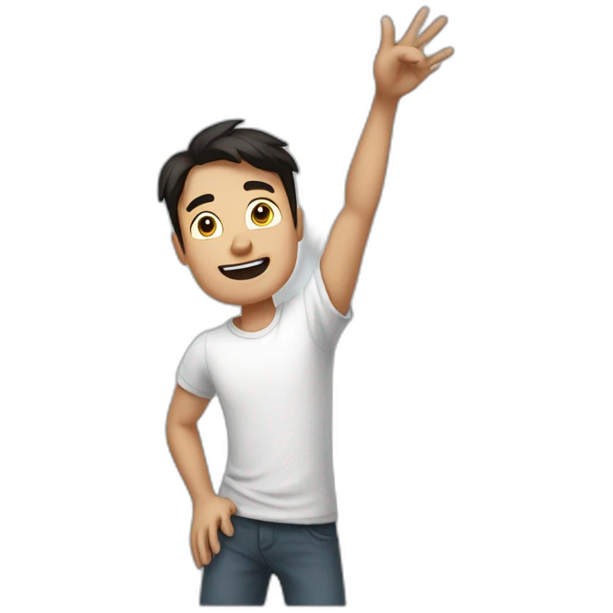 dark haired man in white t-shirt raising arms in victory emoji