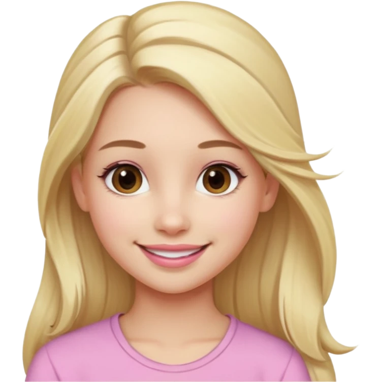 a cute woman like a barbie is smiling, her hair is long, blonde and half ponytail, her eyes color are brown and the color of her lip is soft pink emoji