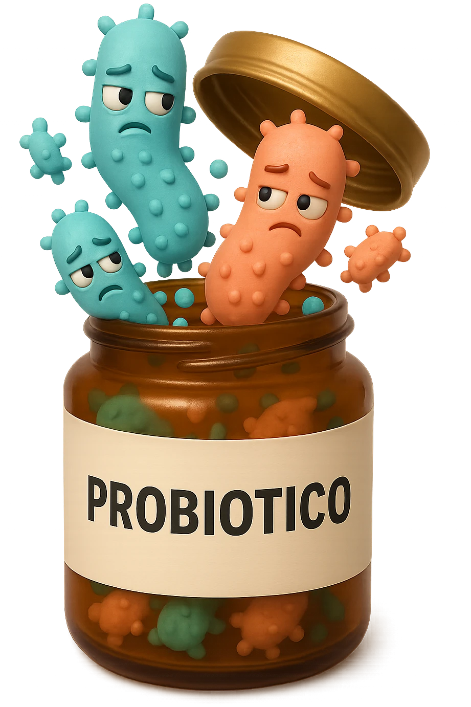EMOJI STILE IPHONE DI UN barattolo di PROBIOTICI con la scritta "PROBIOTICO" SULL'ETICHETTA APERTO DA CUI ALL'INTERNO ESCONO BATTERI INTESTINALI TURCHESI E ROSA SALMONE CON ESPRESSIONE DUBBIOSA IN VOLTO, IPERREALISTICO 4K emoji