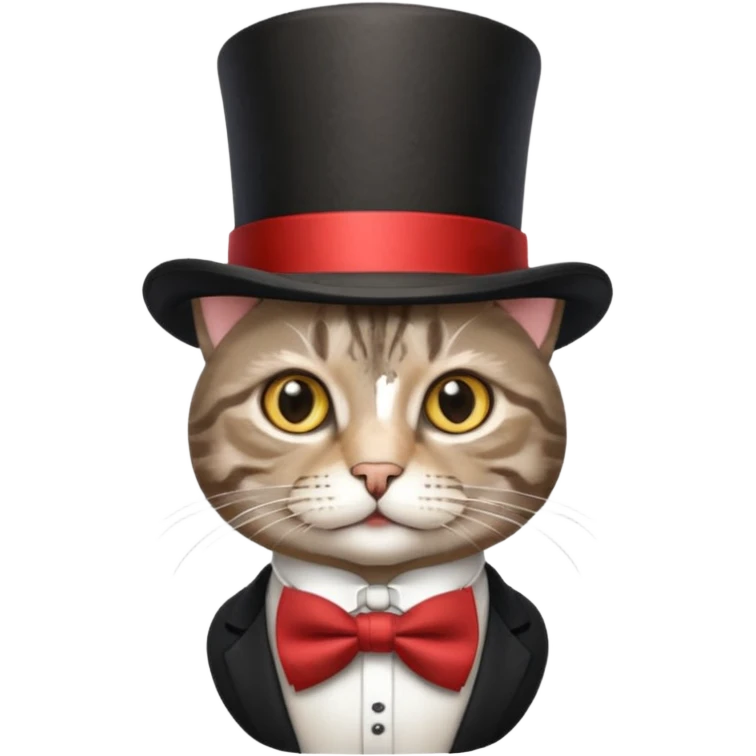 Grey tabby cat in top hat and bow tie emoji