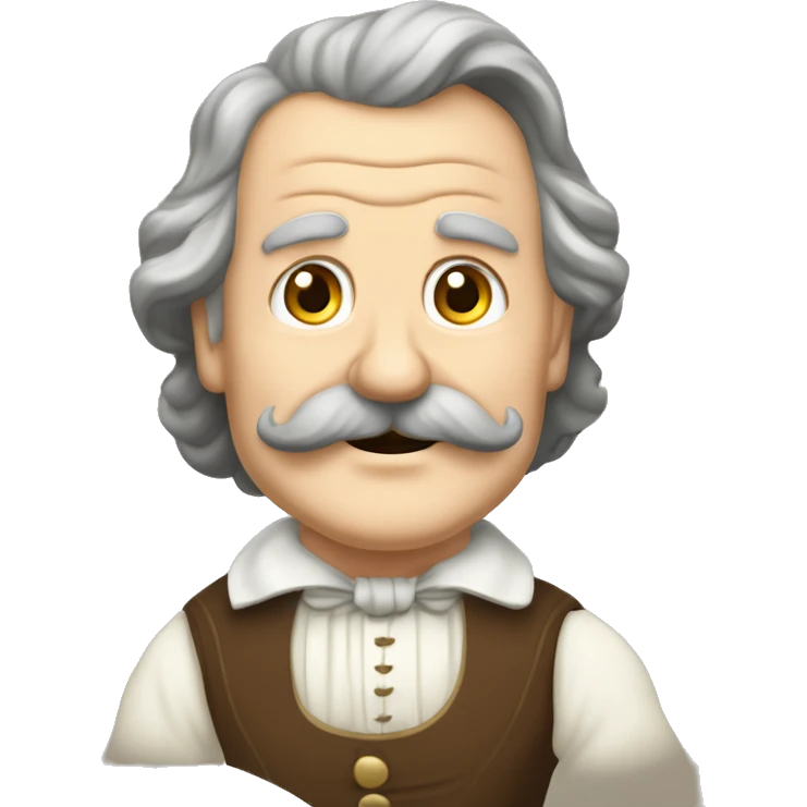 Short pudgy old man over enthusiastic happy excited face bald forehead long wavy gray and brown brunette long wavy hair moustache Shakespearean dress vintage clothes hamlet small arms emoji