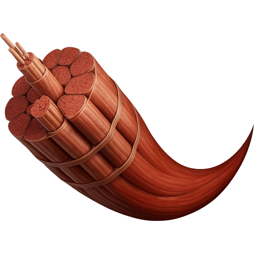 Create a 3D hyperrealistic elongated human muscle anatomy similar to the reference image, with no background. The style should be photorealistic and detailed, focusing on anatomical accuracy and texture. emoji