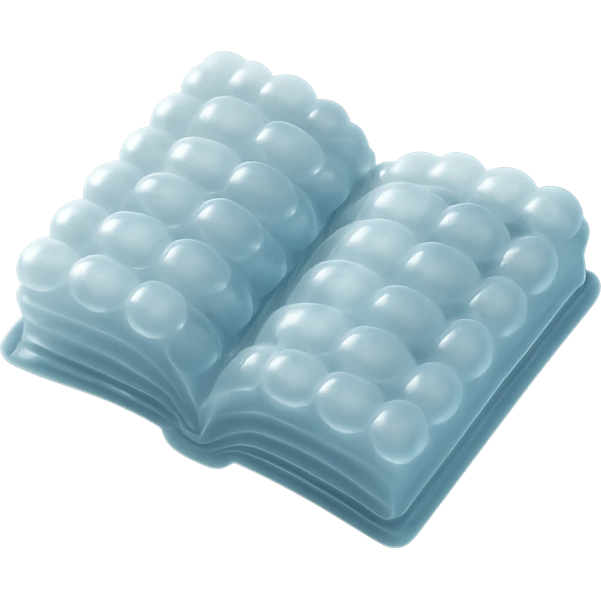 top view of a thick open book made entirely of small, very bright white fluffy convex clouds, matte glass style emoji