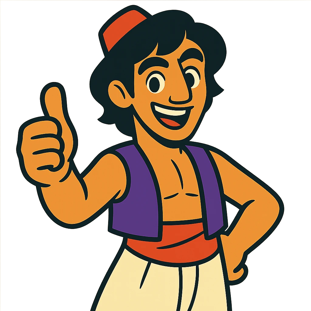 Arabian guy inspired by Aladdin, giving a thumbs up, cartoon style, cheerful emoji