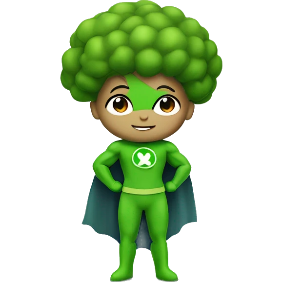 cute mini superhero with green clothes and a broccoli as hair,  full body saying hello emoji