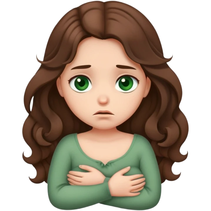 Sad Girl with curled brown long length hair and dark green eyes with belly ache emoji
