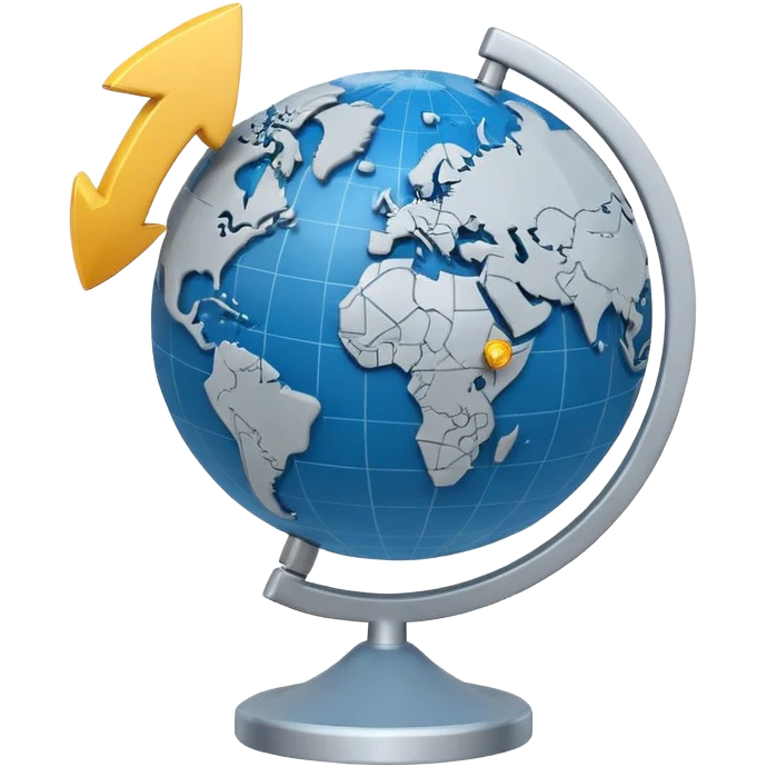 Minimal 3D emoji style globe combined with stock market chart, global financial market icon, clean professional look, neutral blue and gray tones, simple shading, transparent background, modern design, no flags, no text emoji