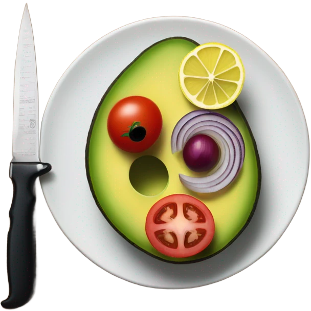 cut vegetables ( avocado , tomato , red onion ,lemon )   on the dark wood kitchen desk by knife .Do it very beautifully  emoji