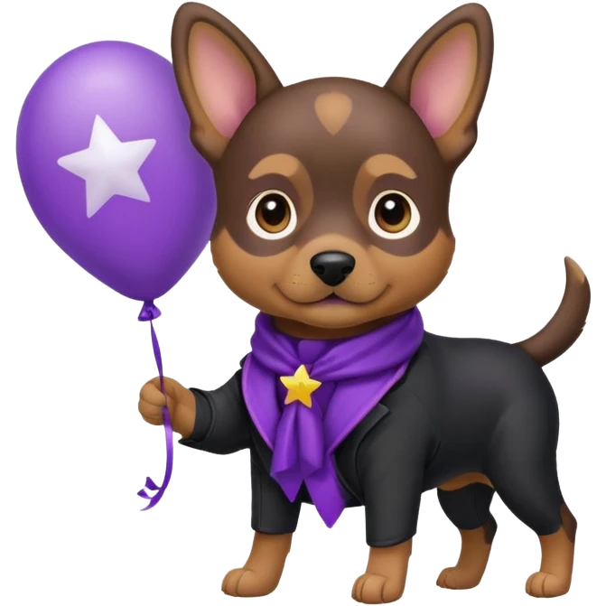 Dog hold purple star shape balloon, black jacket emoji