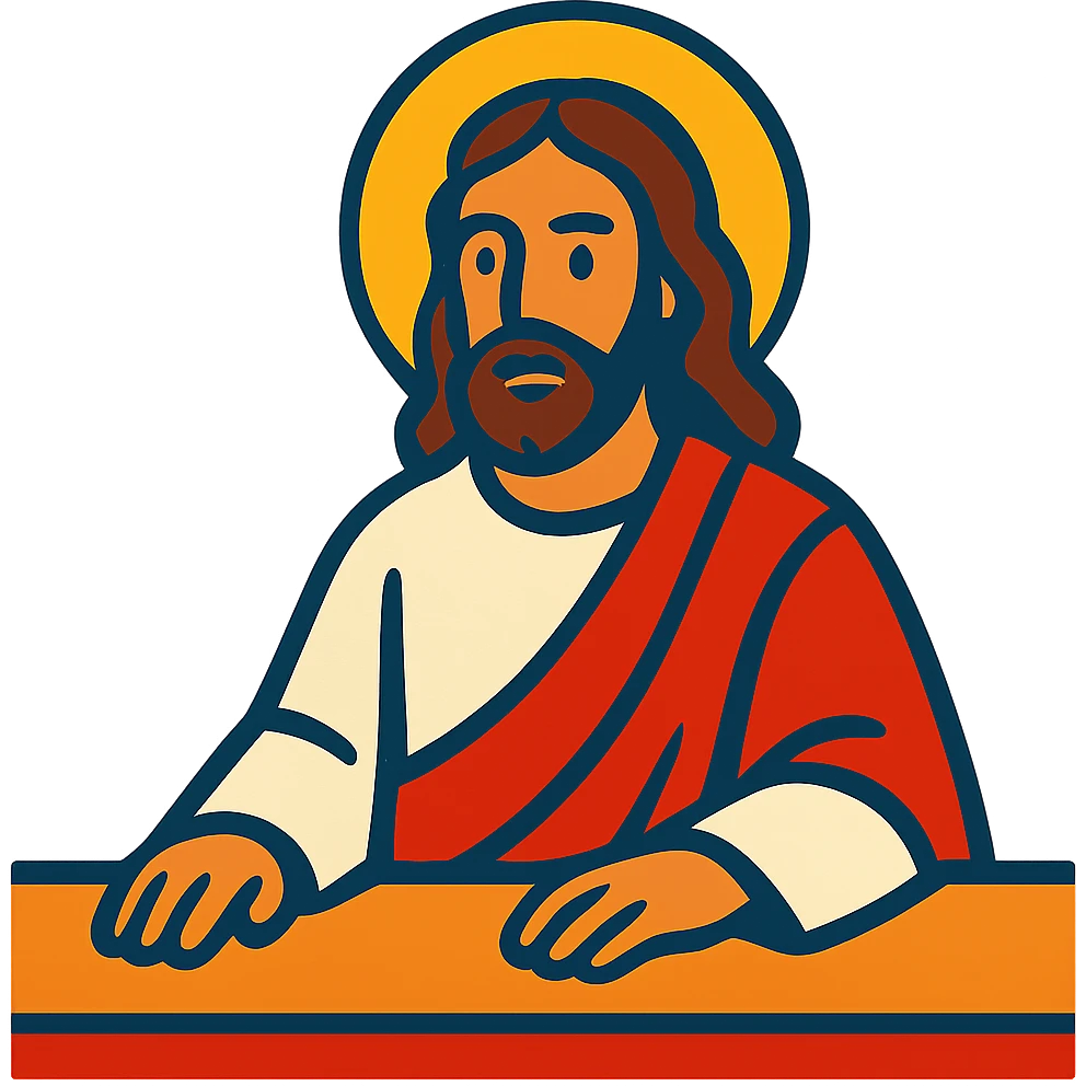 vibrant toon style Jesus sitting at a table emoji