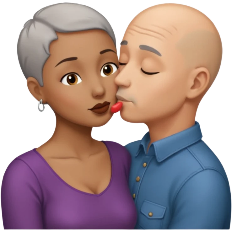 Tan bald man kissing brown woman with short grey hair emoji