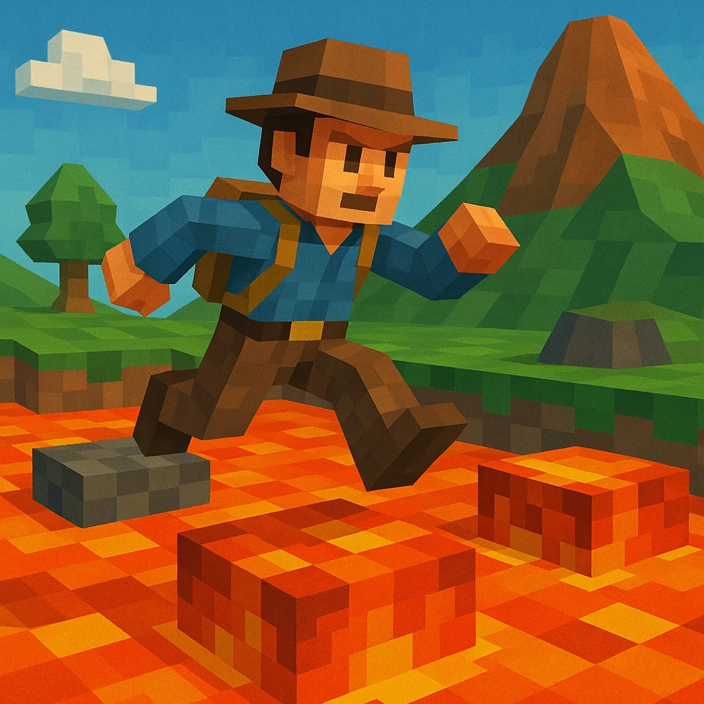Adventurer jumping across lava blocks.
 emoji
