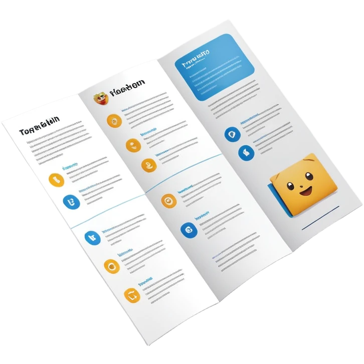 tri-fold brochure opened, with simple layout lines and image placeholders. emoji