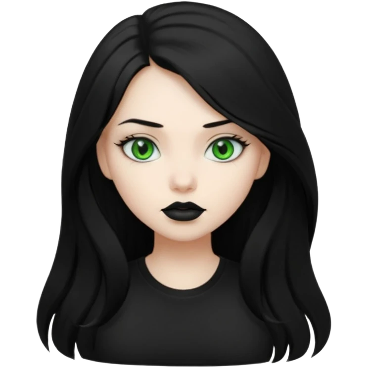 Black haired girl, green eyes, black lipstick, white skin, black t shirt, sharp face, long hair emoji