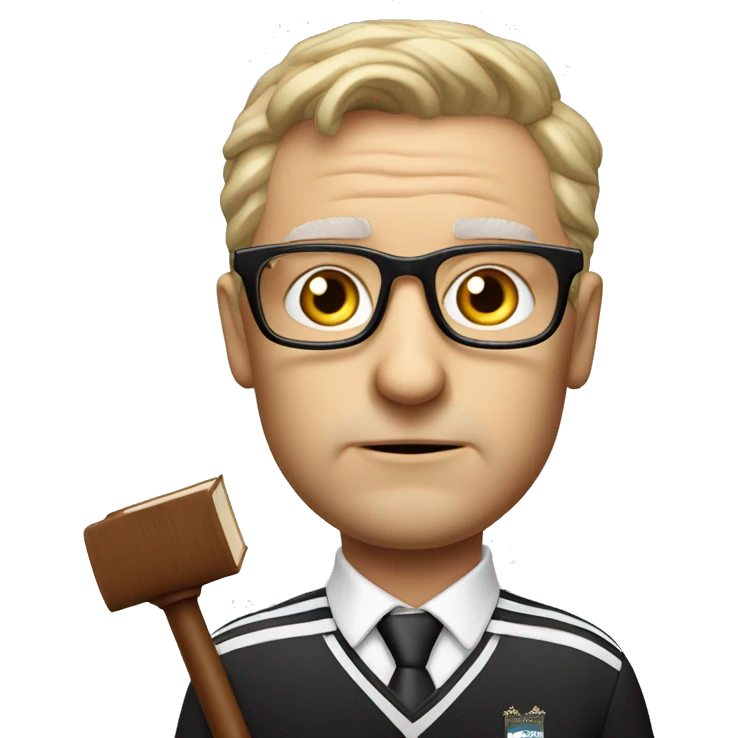 Boring white male, glasses, old, with a book, judges hammer, Liverpool football team supporter emoji