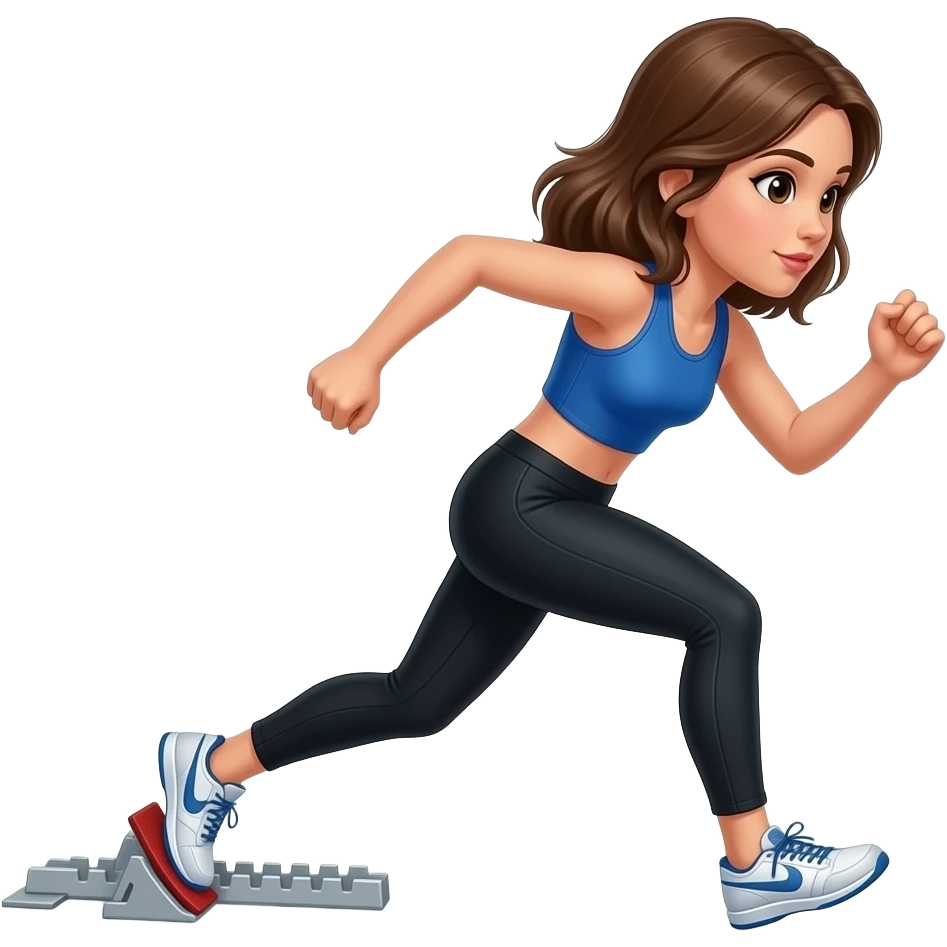 Una chica morena con el pelo 5cm más de los hombros q este corriendo de una salida de los tacos de atletismo y q vaya primera y la equipacion top azul y pantalones negros de joma emoji