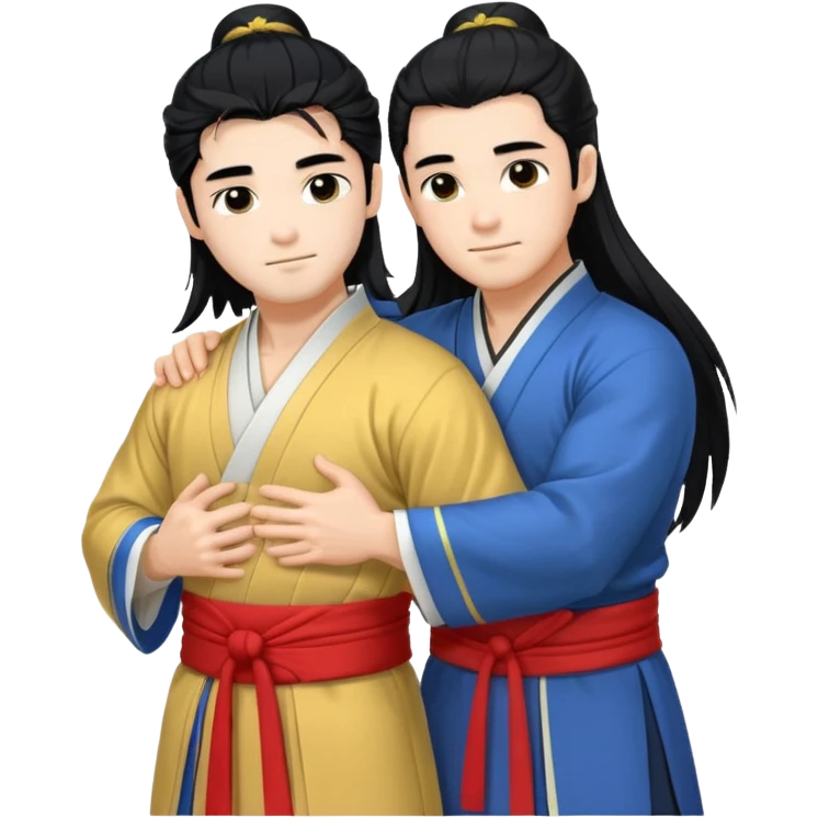 two muscled guys hugging in hanfu clothes, long hair emoji