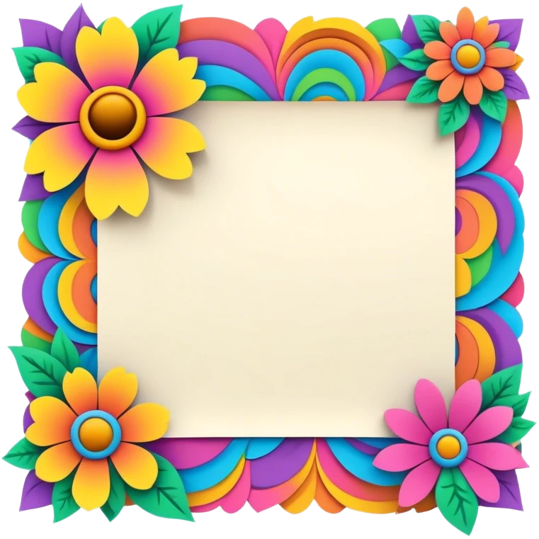 3D, psychedelic colored note paper with hippie style flower border emoji