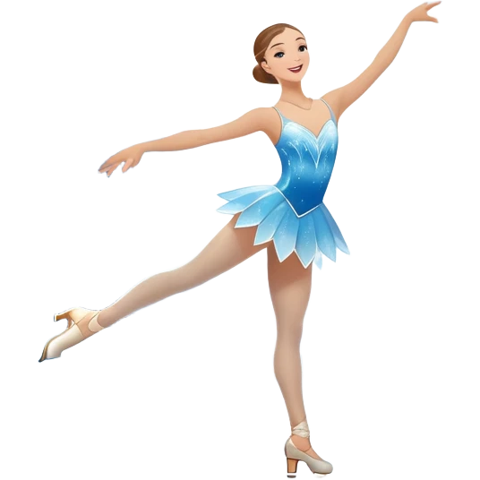 An icon showing a graceful figure skater performing a spin on the ice in a grand ice palace. The rink is illuminated by soft light beams, with cheering spectators in the stands. Snowflakes gently fall, adding to the magical atmosphere. Transparent background highlights elegance and artistry. emoji
