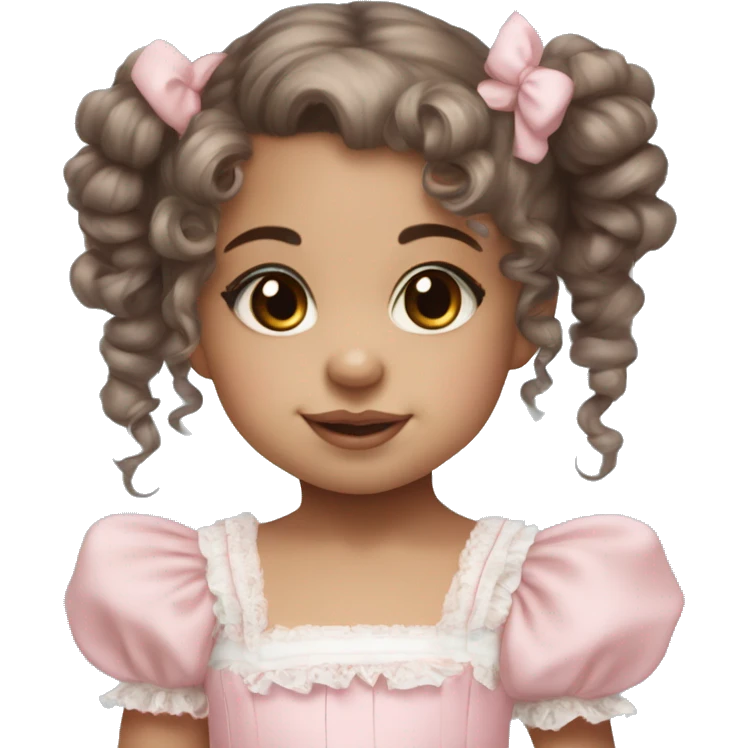 light skin toddler girl with brown eyes and brown curly hair in two pigtails wearing a baby pink lolita dress with baby blue hair bows emoji