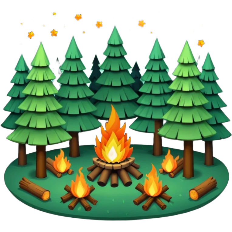 pixelates art of a forest at night, with a campfire in the center. there are tall and short trees. emoji