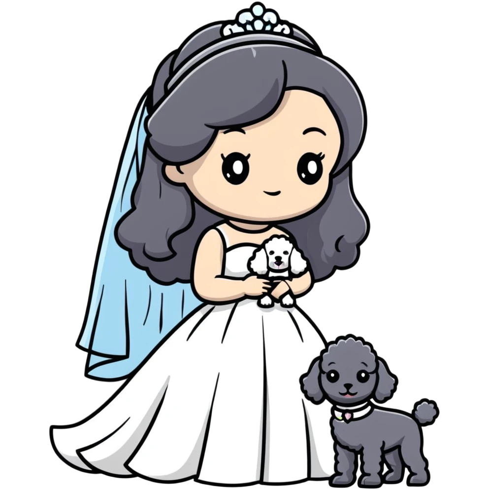 A beautiful girl with long black hair in a wedding dress holds a small gray poodle emoji