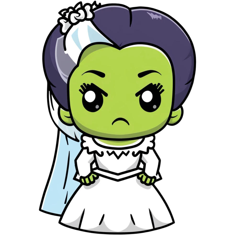 Bride of Frankenstein with tall black and white hair and stitches on face emoji