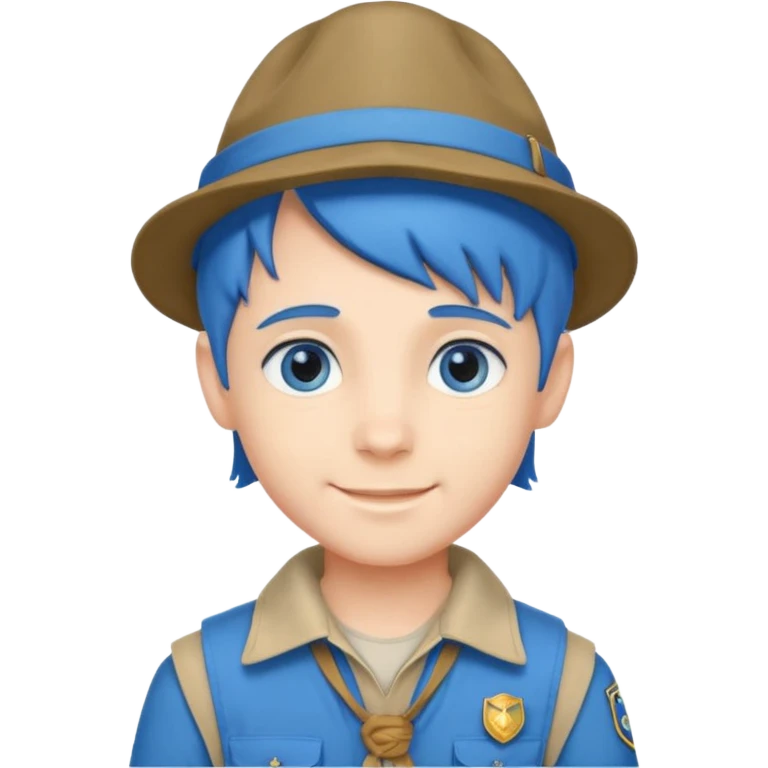 very handsome boy big blue eyes, scout boy with, blue hair and hat emoji