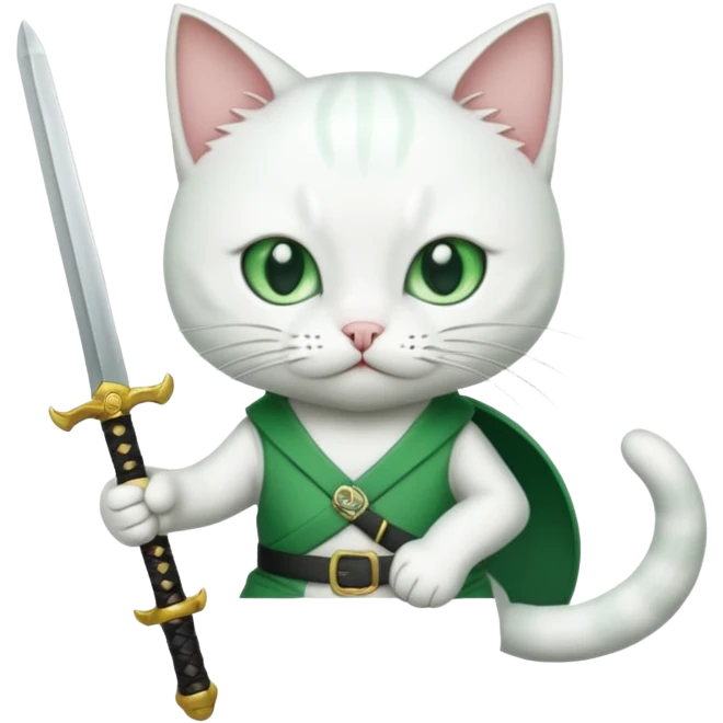 un gato blanco con reeferencia a roroa zoro "una espada en cada mano y una en la boca emoji
