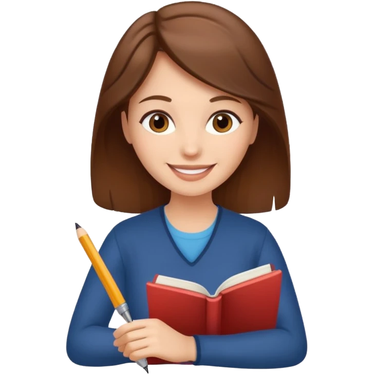 happy woman with brown hair writing a book emoji