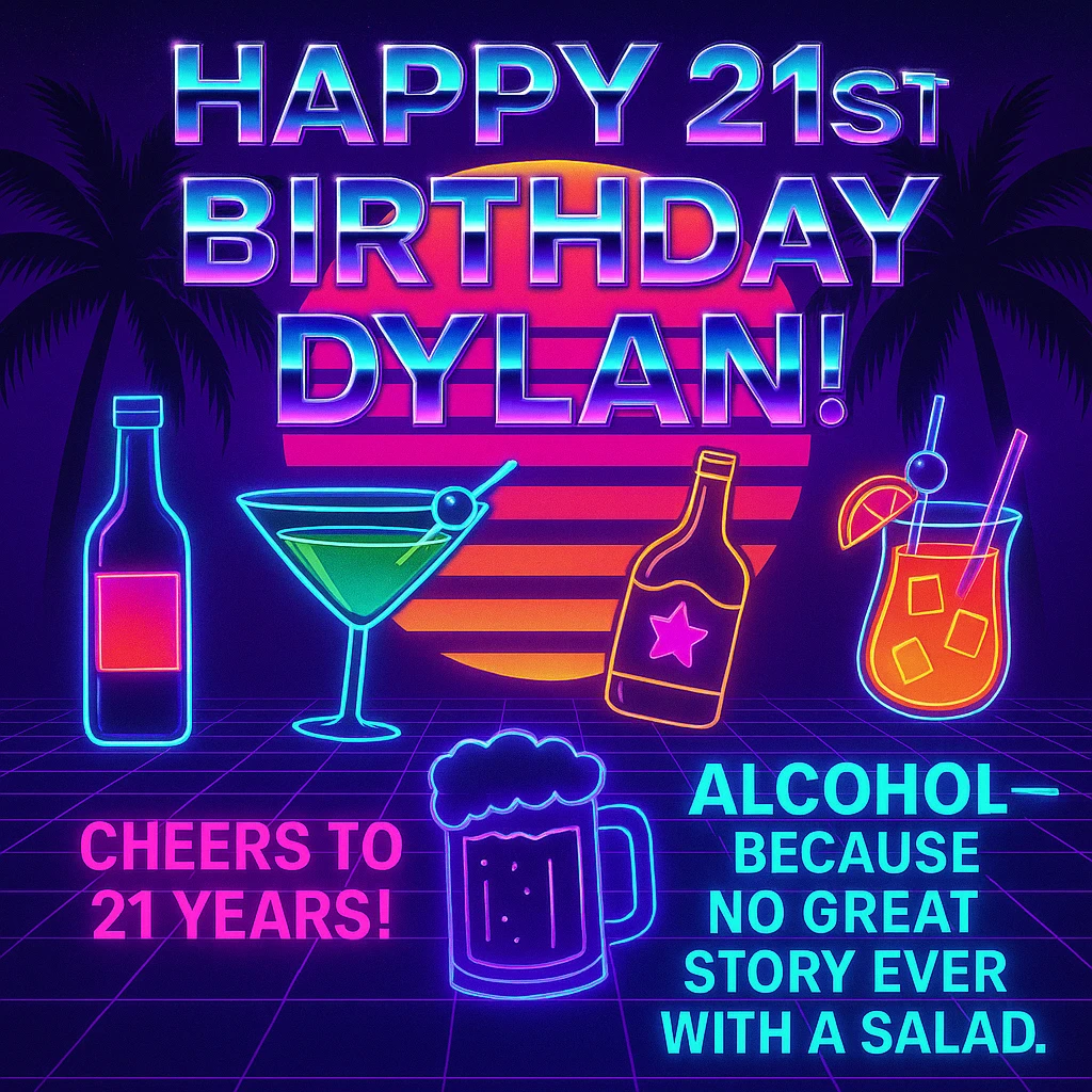 Completely change the style to vaporwave: neon colors, retro 80s grid, palm trees, synthwave sunset, chrome text, and keep the funny drink quote. Make it look digital and bold. emoji