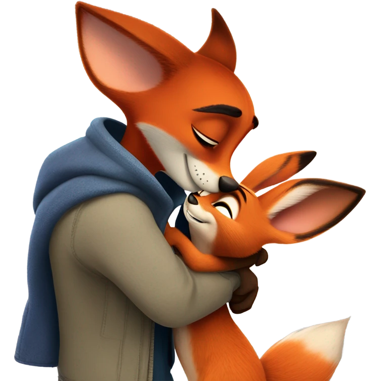 Nick Wilde the orange fox from Zootopia and Judy Hopps the grey bunny from Zootopia hugging each other emoji