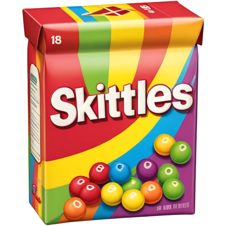 A retro 90s American Skittles package with tape on it, nostalgic design, classic rainbow styling from the 1990s emoji