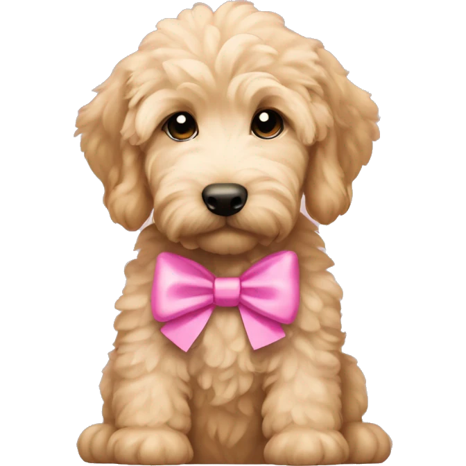 Goldendoodle puppy with a pink bow emoji