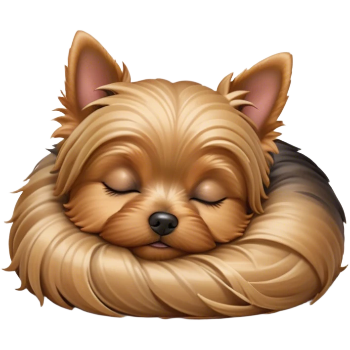 Meme-Worthy Cute Sleeping Yorkshire Terrier Portrait Emoji, Head resting gently with a peaceful, contented expression and softly closed, dreamy eyes, featuring a well-groomed, silky fur in rich hues, simplified yet irresistibly endearing, highly detailed, glowing with a gentle, drowsy radiance, high shine, exuding relaxed, heart-melting charm, styled with a soft glowing outline, capturing the essence of a sleeping Yorkshire Terrier that looks as if it could drift off into a sweet, meme-worthy slumber! emoji