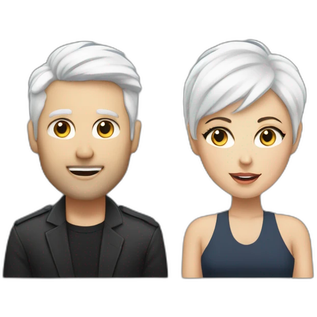 White man with dark hair next to a white woman with very short white hair, podcasting with mics and a MacBook emoji