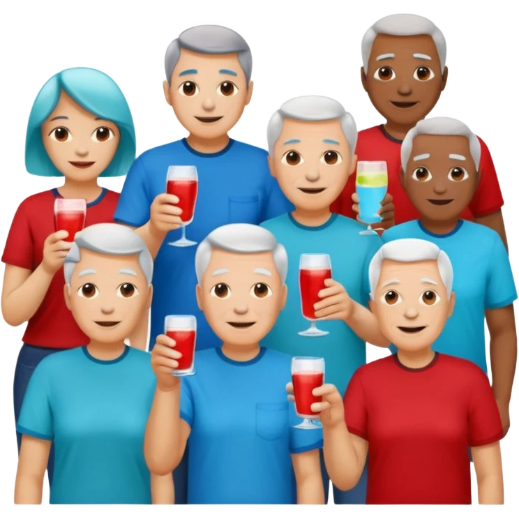 A room packed with adults and seniors in casual clothing with red, aqua and blue shirts, some with drinks, chatting at an afterwork meeting emoji