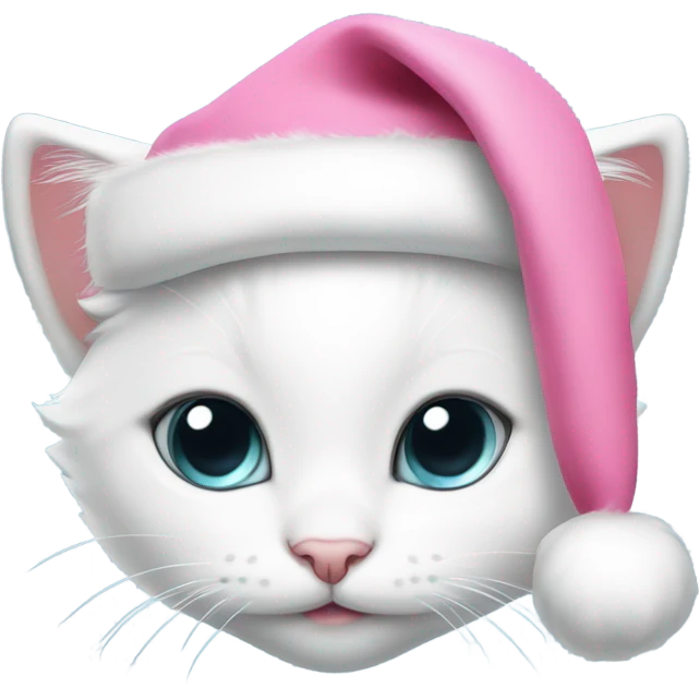 Cute White kitten wearing pink Santa hat and pink Santa Coat emoji