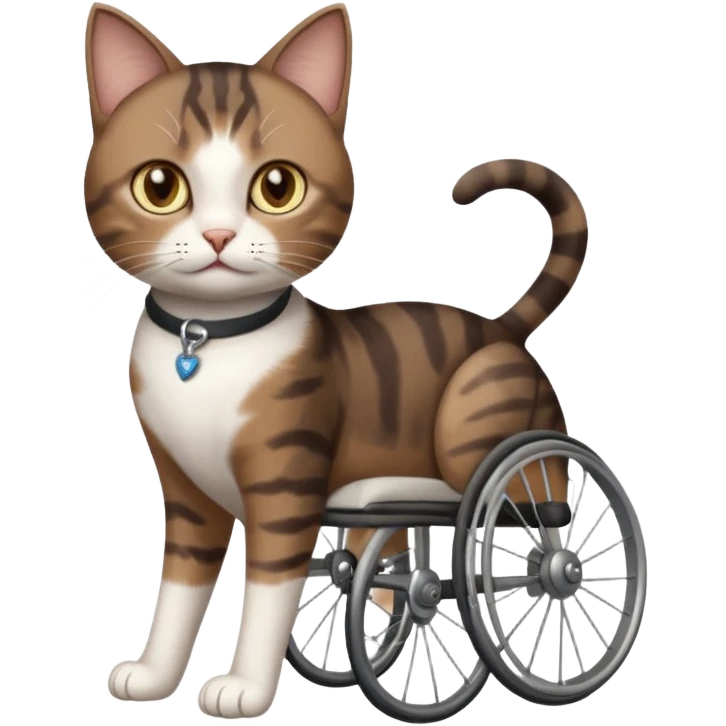 full body small short hair dark brown and white cat with hazel eyes walking in a wheelchair for cats emoji