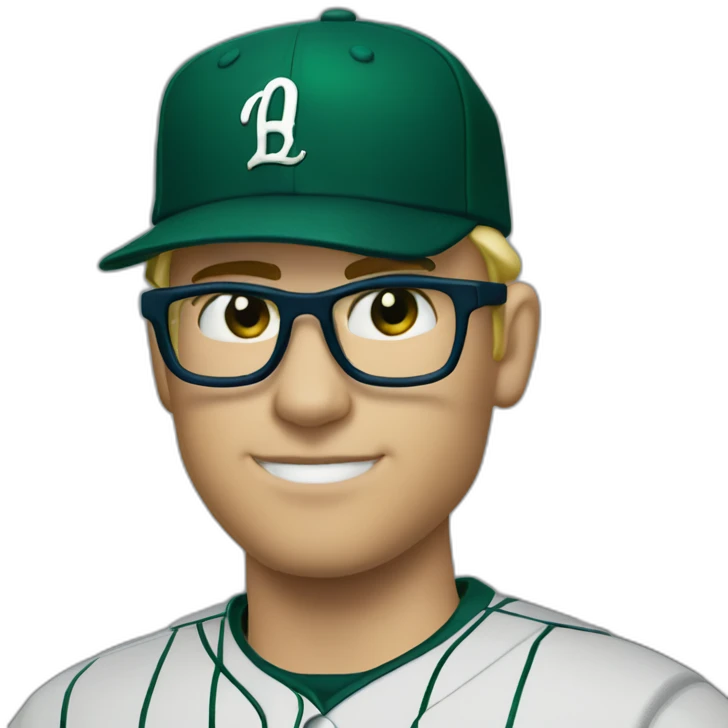 baseball card character. Blonde male. Short hair with glasses. Dark green uniform with hat. Blue eyes and a cobra snake logo on the hat with a C logo emoji