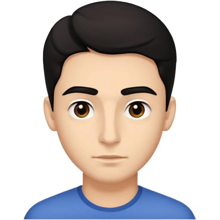 emoji a medio cuarpo, de un joven, con cejas gruesas, nariz medio grande, hombros anchos, sin sonrisa, hombros anchos, cabello medio ondulado con un corte juvenil, cabello negro. ojos negros. emoji