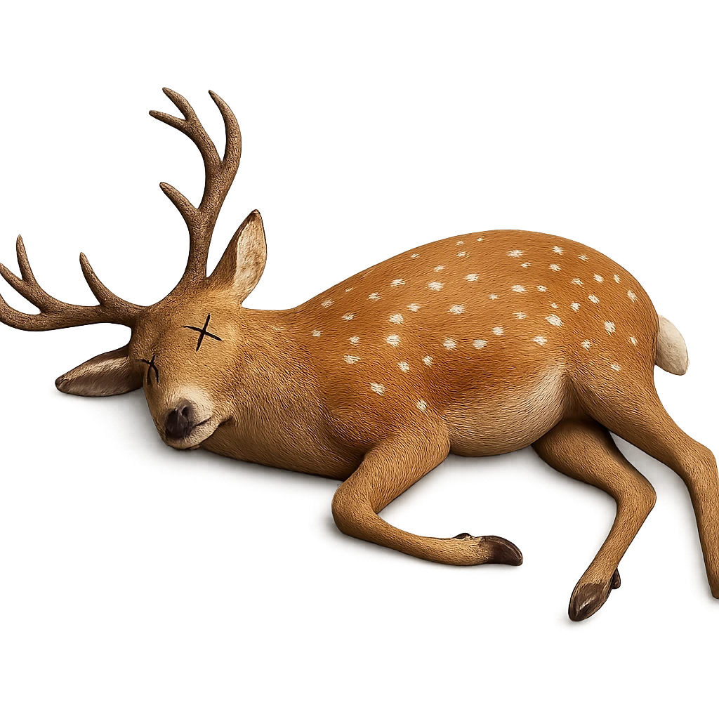Make the deer appear dead, lying on its side with cartoon X's for eyes, no blood, keep the exact same photorealistic style and details, transparent background. emoji