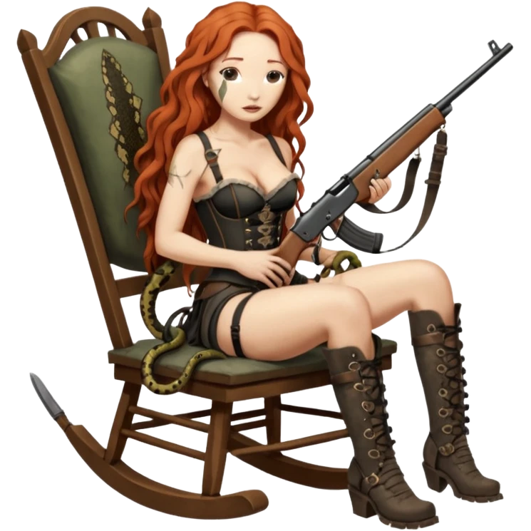 cinematic realistic ultra HD very old and tired Tori Amos casually crouches on a rocking chair in a torn corset, holding a double-barreled rifle and with muddy feet. a big snake wrapped itself around the chair emoji