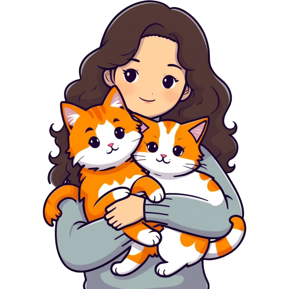 a girl with long dark brown curly hair, wearing a white sweater, hugging an orange cat, a grey Maine Coon, and a white cat with spots, sticker style emoji
